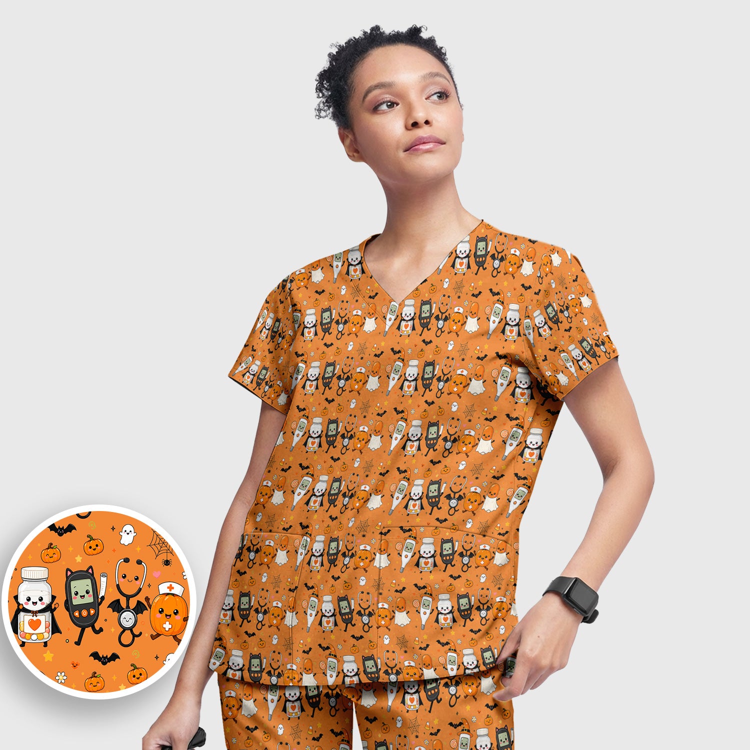 Cute Halloween Medical Characters Print Scrub Set, Scrub Pants and V Neck Top
