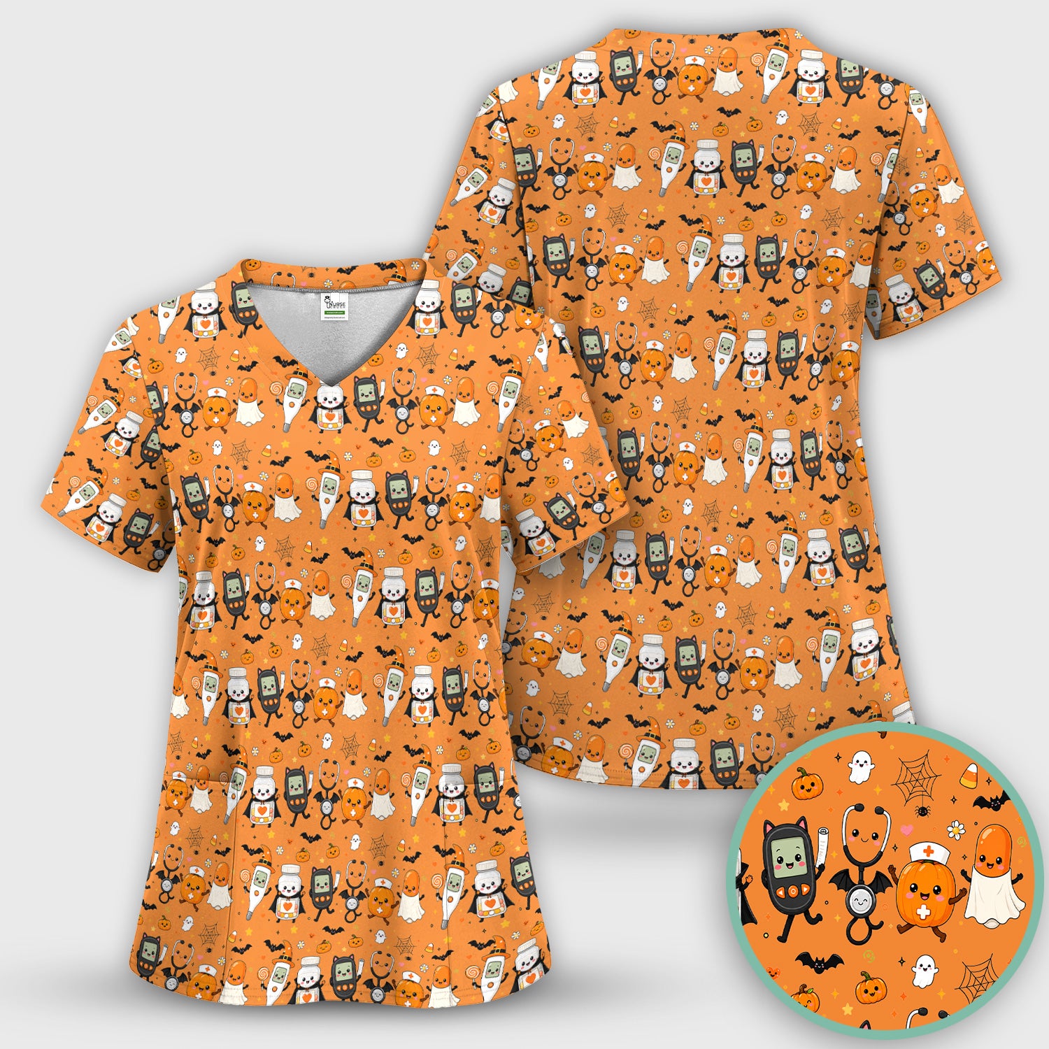 Cute Halloween Medical Characters Print Scrub Top, Comfortable Scrubs for Nurses