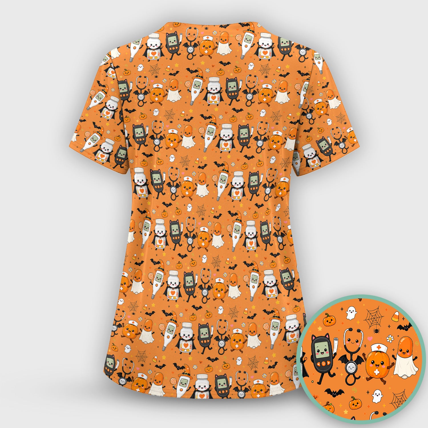 Cute Halloween Medical Characters Print Scrub Top, Comfortable Scrubs for Nurses