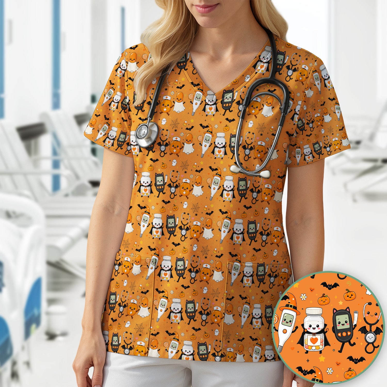 Cute Halloween Medical Characters Print Scrub Top, Comfortable Scrubs for Nurses