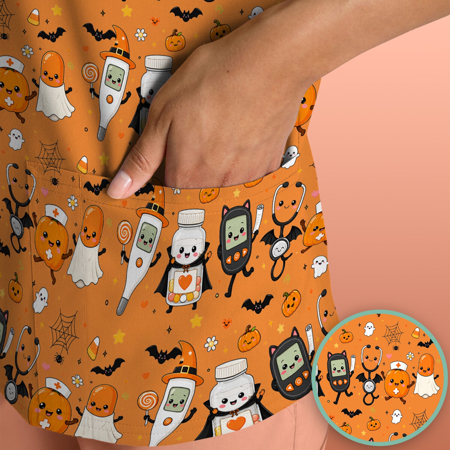 Cute Halloween Medical Characters Print Scrub Top, Comfortable Scrubs for Nurses