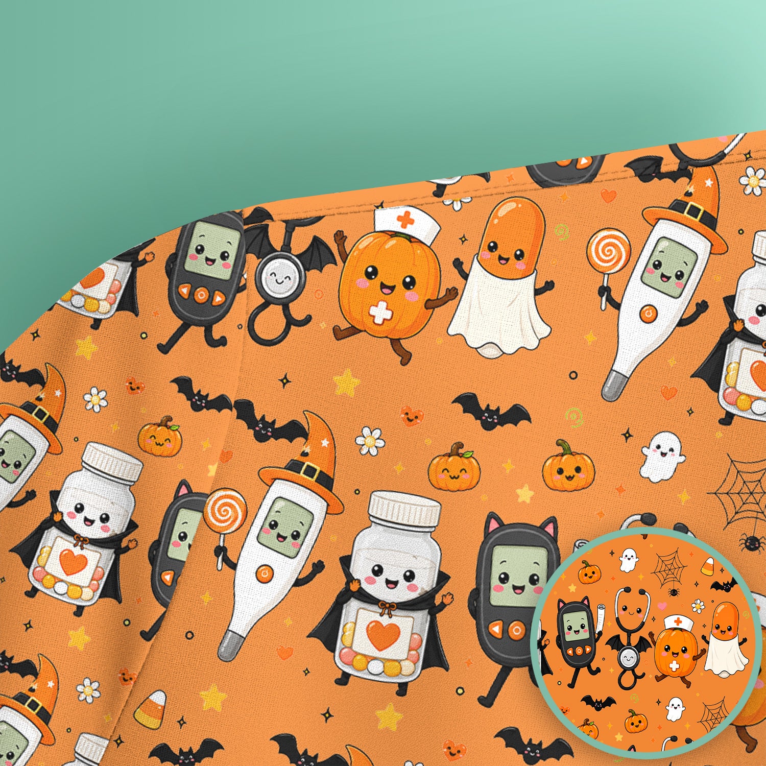 Cute Halloween Medical Characters Print Scrub Top, Comfortable Scrubs for Nurses