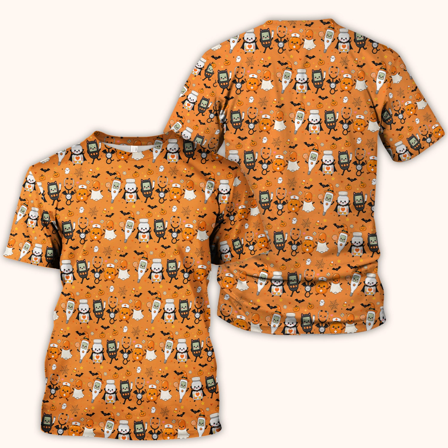 Cute Halloween Medical Characters Print Scrub Top, Comfortable Scrubs for Nurses