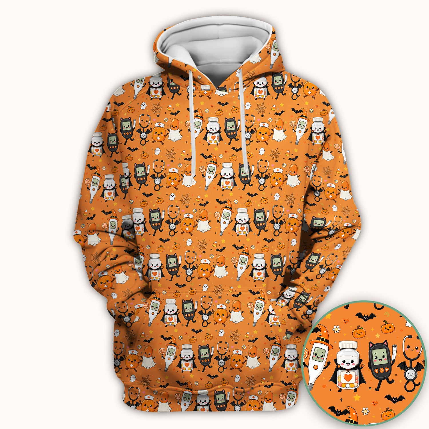 Cute Halloween Medical Characters Print Scrub Top, Comfortable Scrubs for Nurses