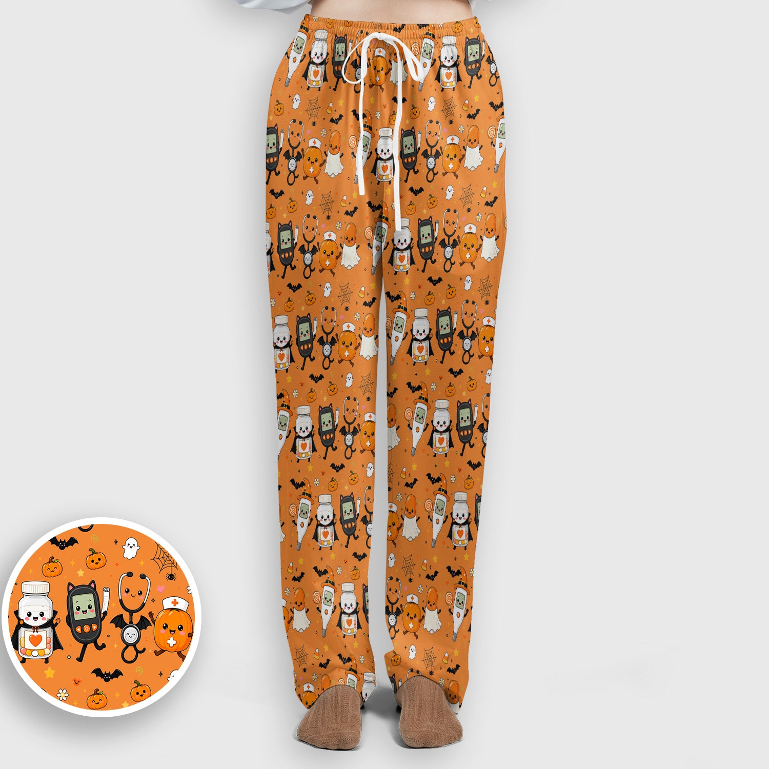 Cute Halloween Medical Characters Print Scrub Set, Scrub Pants and V Neck Top