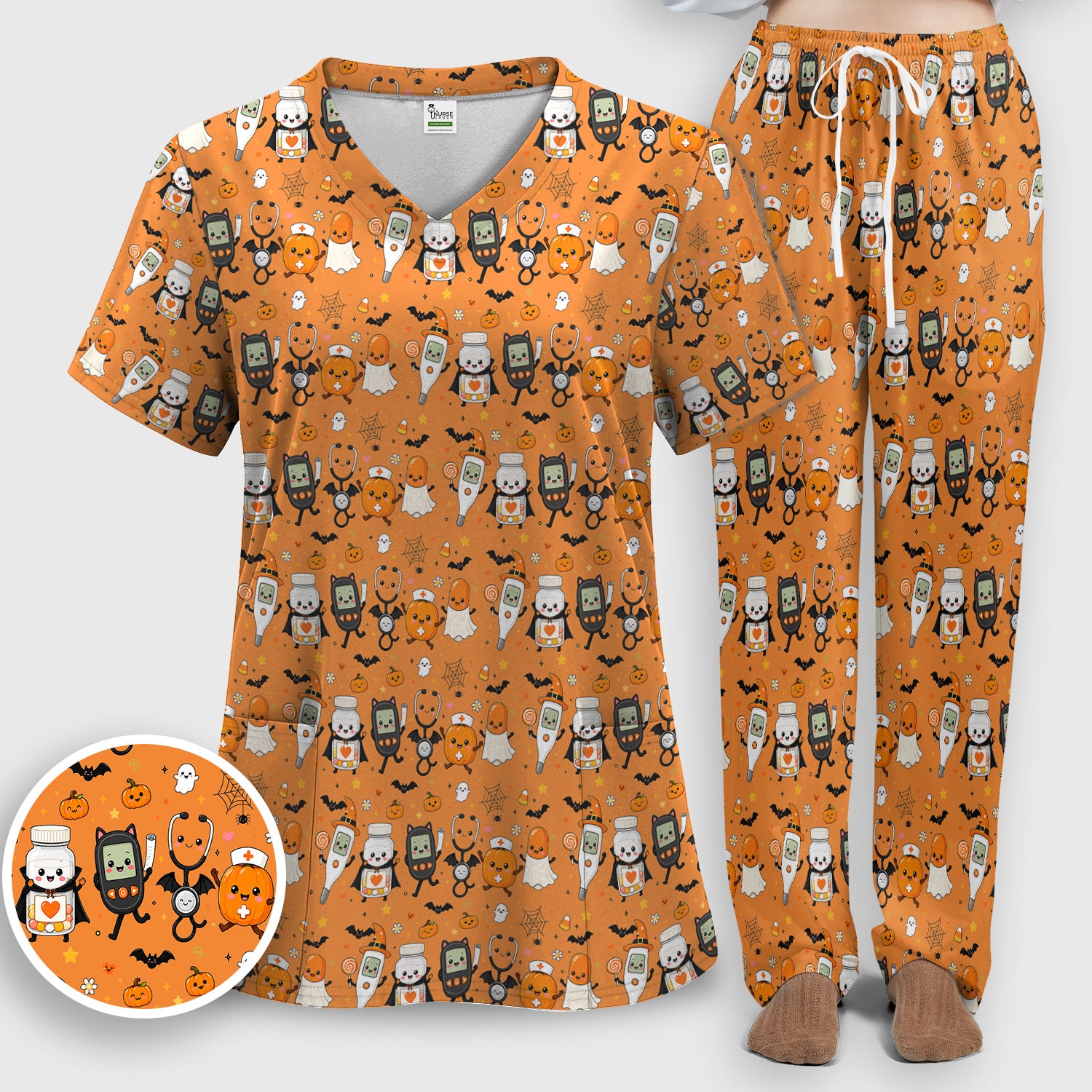 Cute Halloween Medical Characters Print Scrub Set, Scrub Pants and V Neck Top