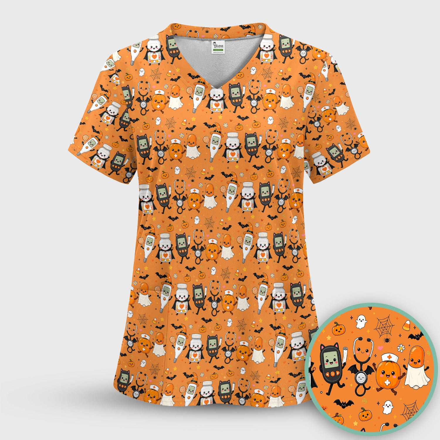 Cute Halloween Medical Characters Print Scrub Top, Comfortable Scrubs for Nurses