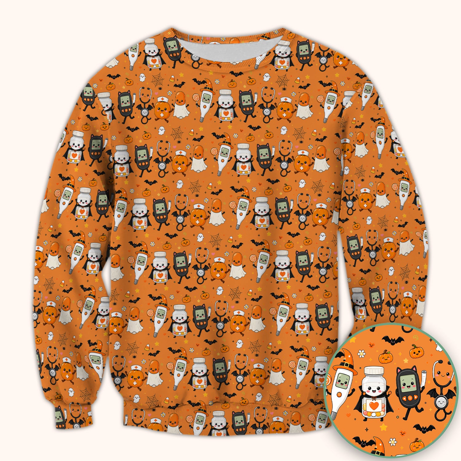 Cute Halloween Medical Characters Print Scrub Top, Comfortable Scrubs for Nurses