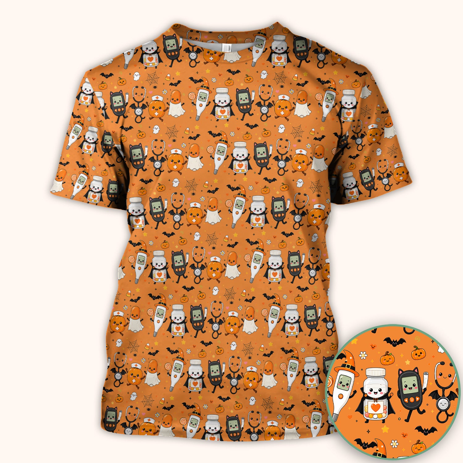Cute Halloween Medical Characters Print Scrub Top, Comfortable Scrubs for Nurses