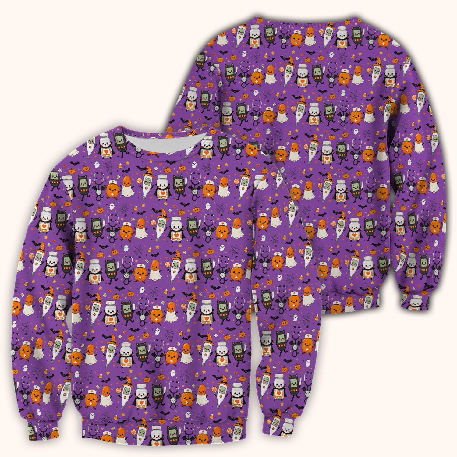 Cute Halloween Medical Characters Print Scrub Top, Comfortable Scrubs for Nurses