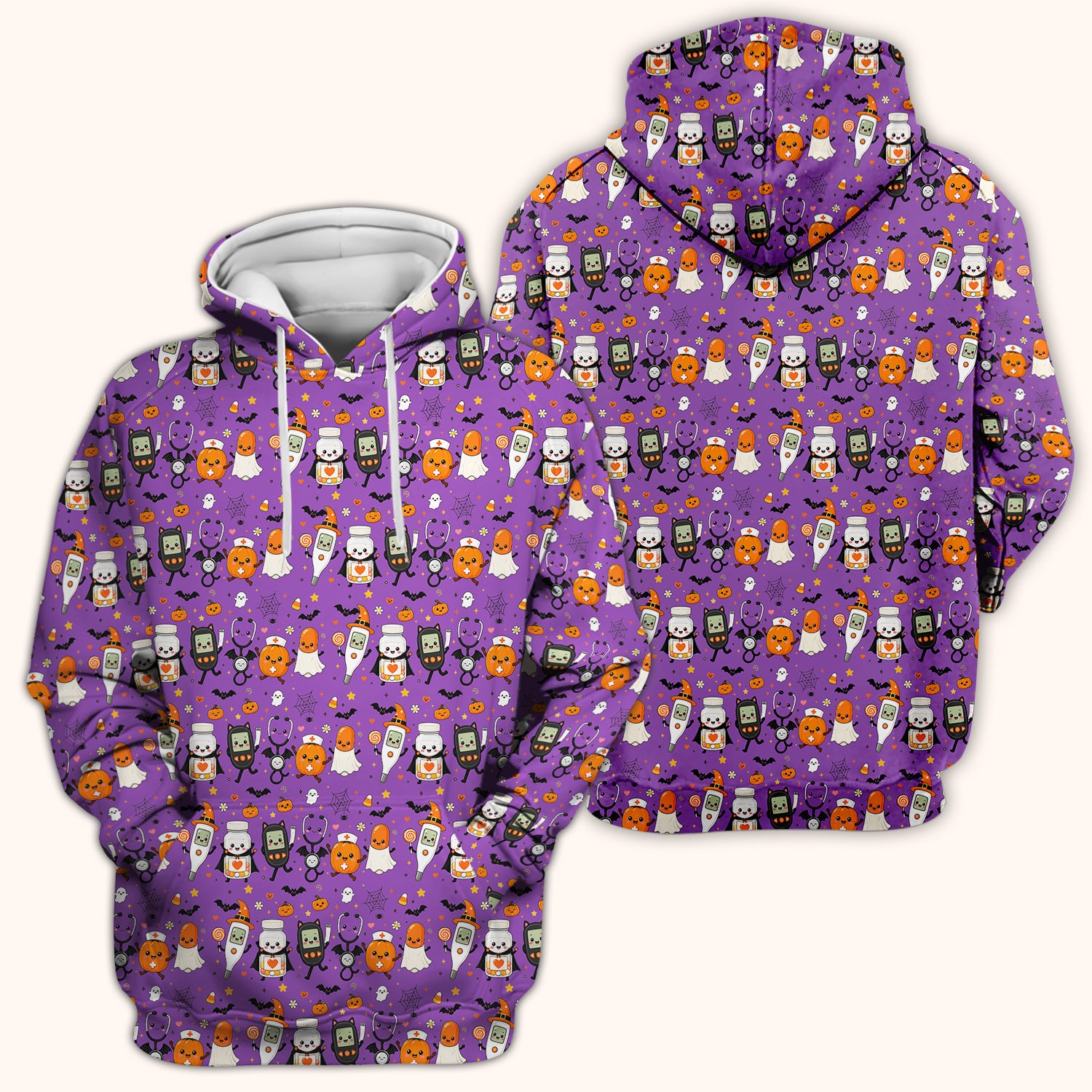 Cute Halloween Medical Characters Print Scrub Top, Comfortable Scrubs for Nurses
