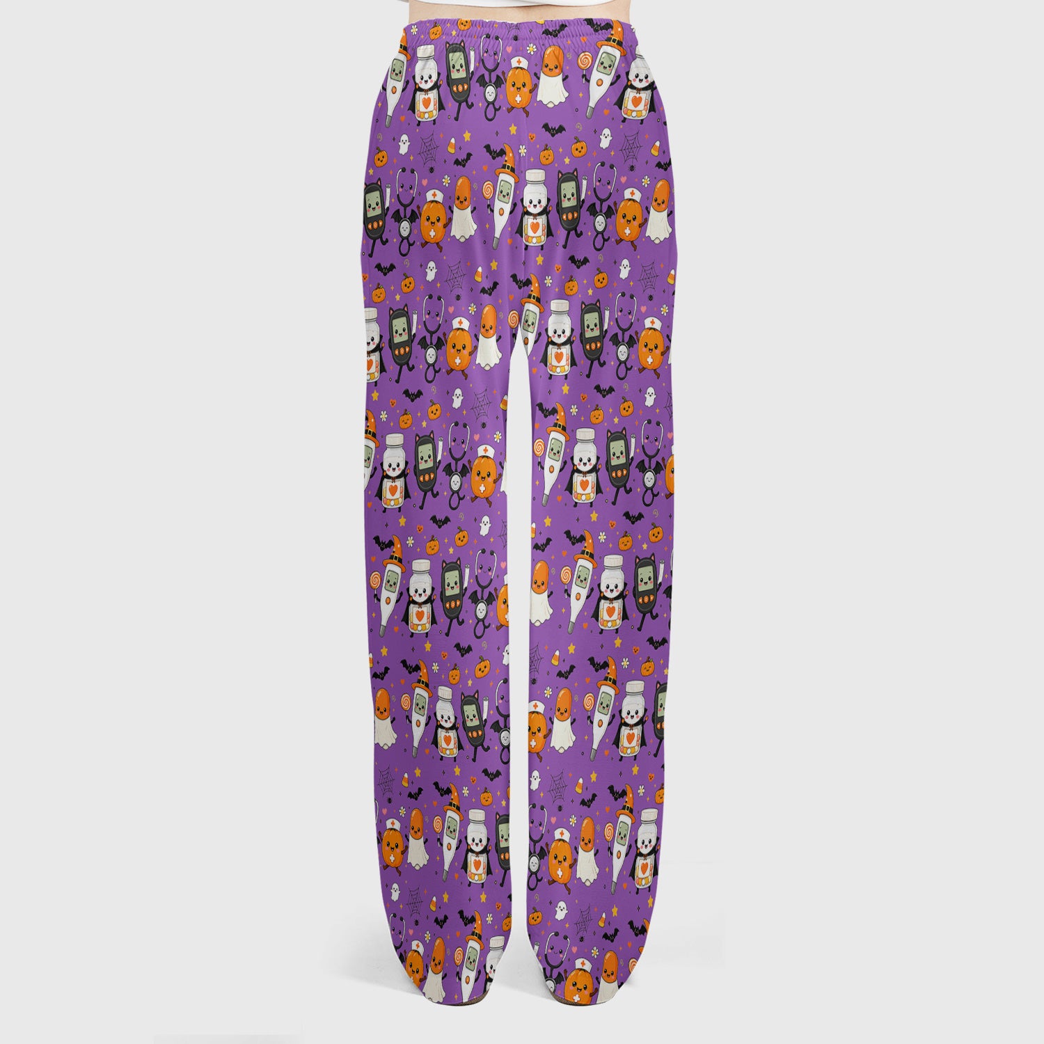 Cute Halloween Medical Characters Print Scrub Set, Scrub Pants and V Neck Top