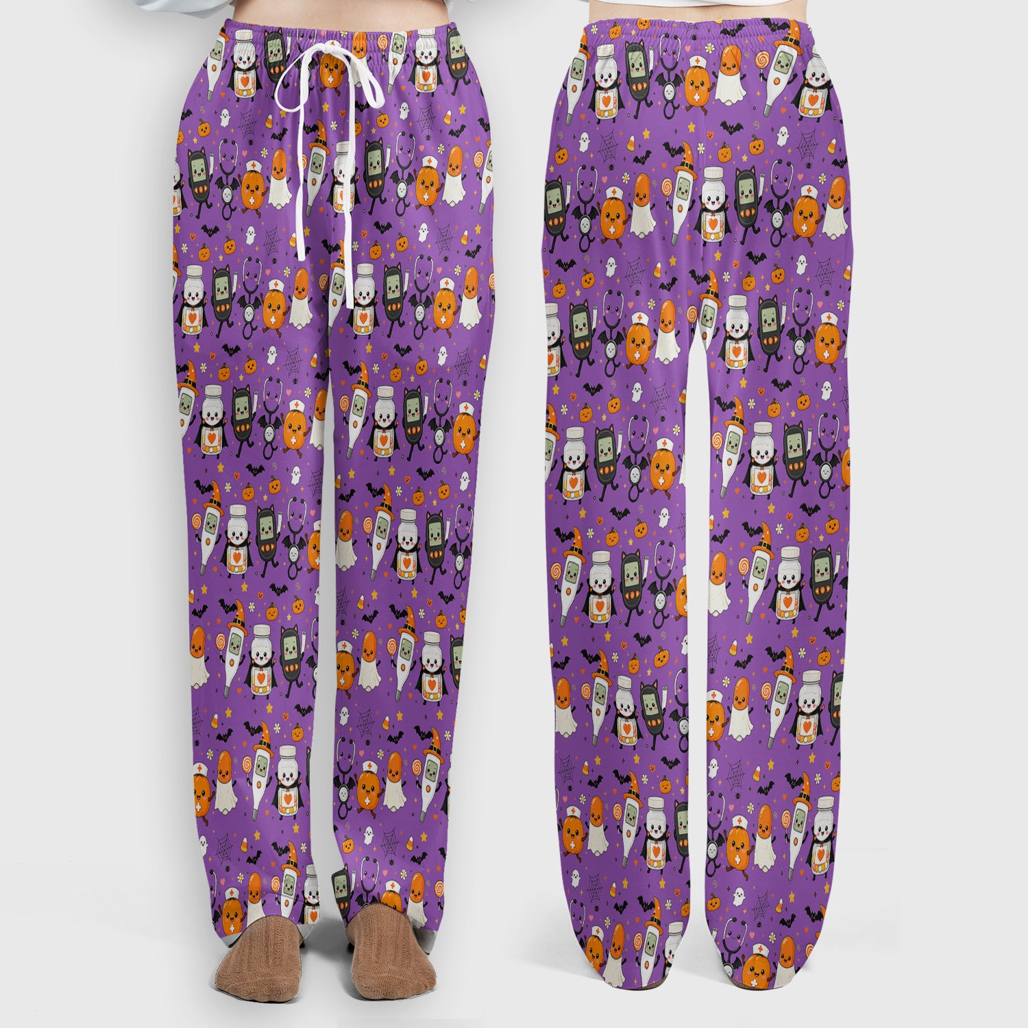 Cute Halloween Medical Characters Print Scrub Set, Scrub Pants and V Neck Top