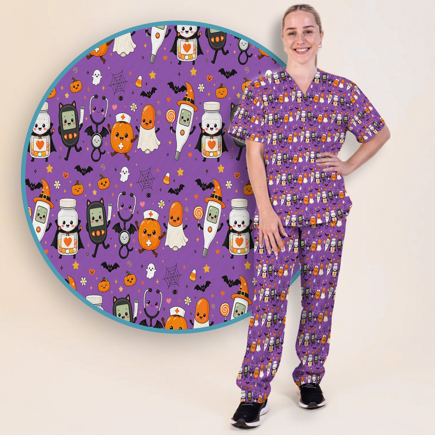 Cute Halloween Medical Characters Print Scrub Set, Scrub Pants and V Neck Top