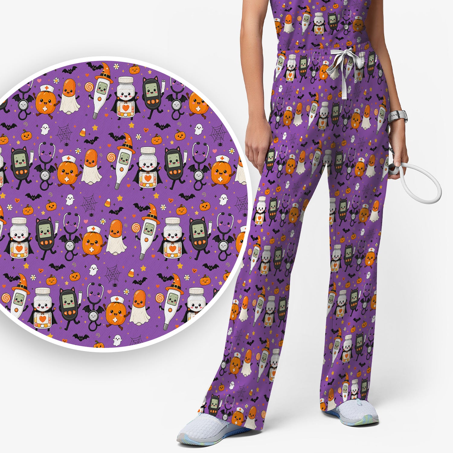 Cute Halloween Medical Characters Print Scrub Set, Scrub Pants and V Neck Top