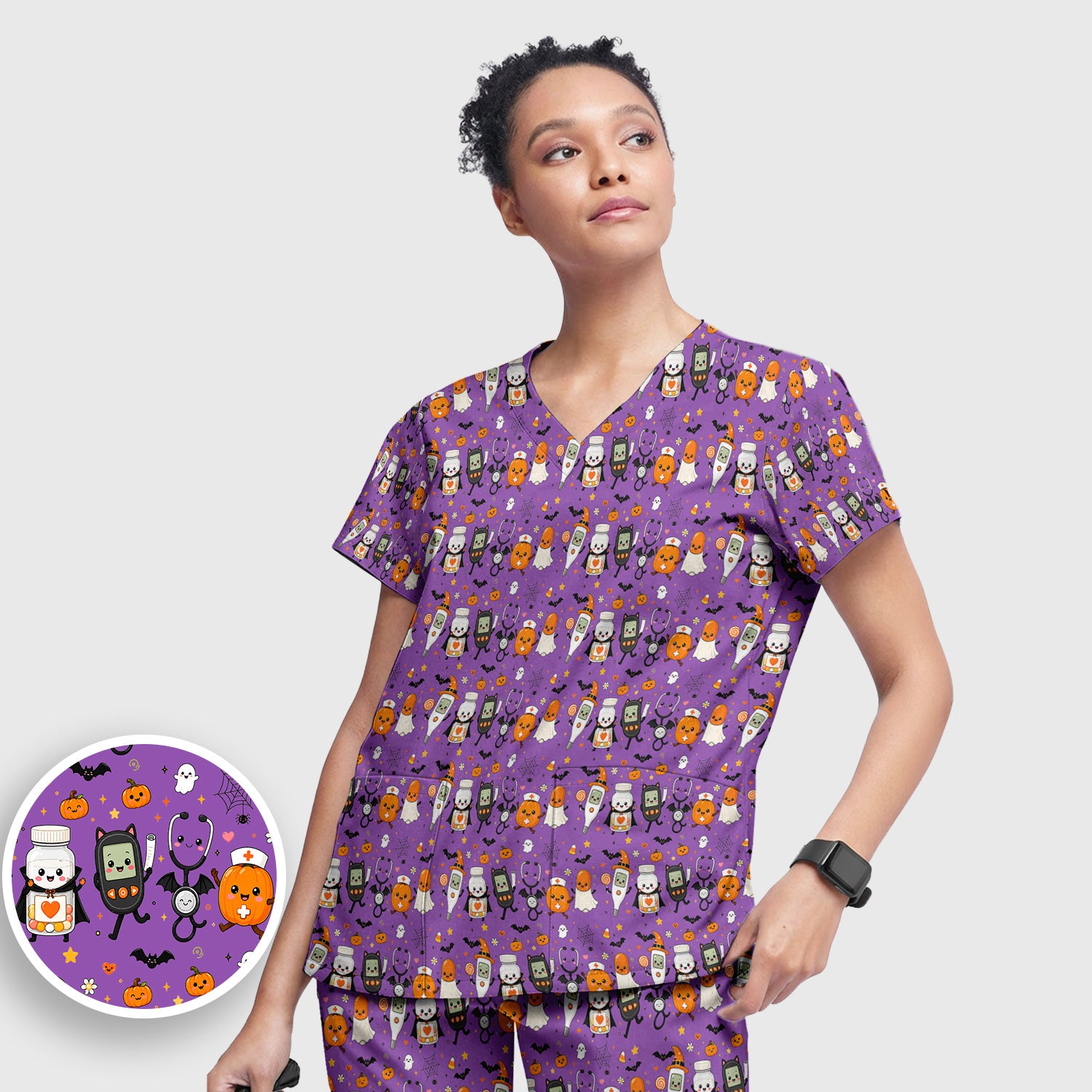 Cute Halloween Medical Characters Print Scrub Set, Scrub Pants and V Neck Top