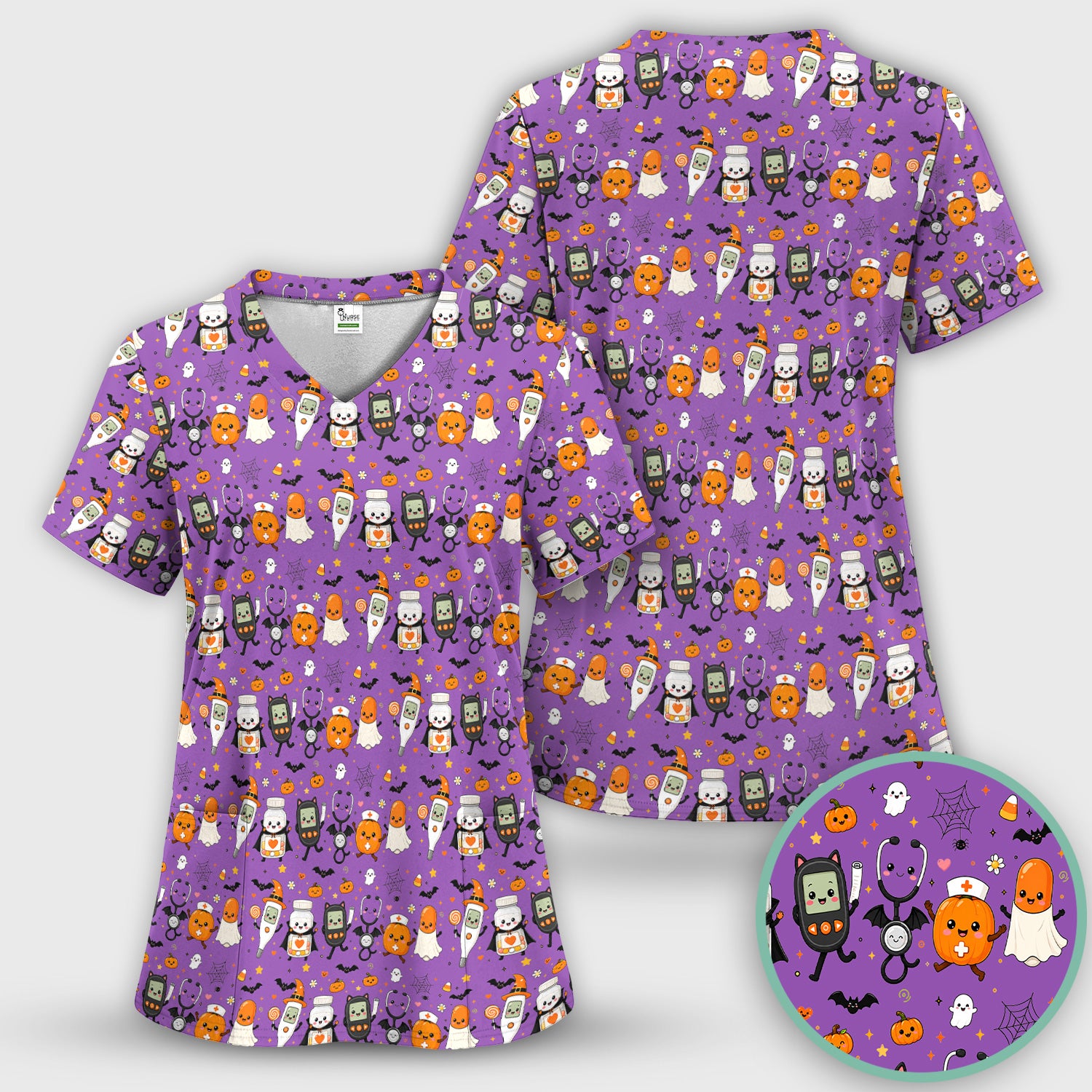 Cute Halloween Medical Characters Print Scrub Top, Comfortable Scrubs for Nurses