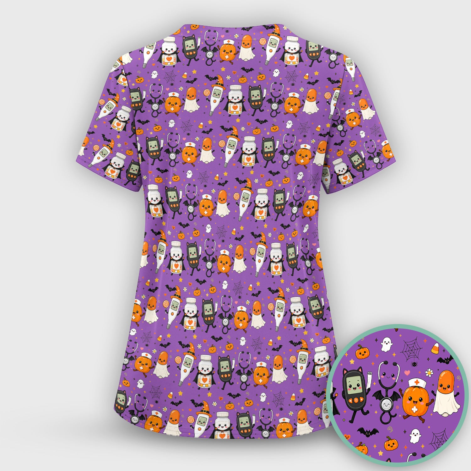 Cute Halloween Medical Characters Print Scrub Top, Comfortable Scrubs for Nurses