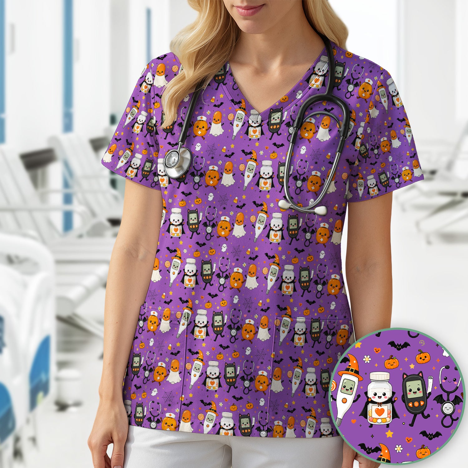 Cute Halloween Medical Characters Print Scrub Top, Comfortable Scrubs for Nurses