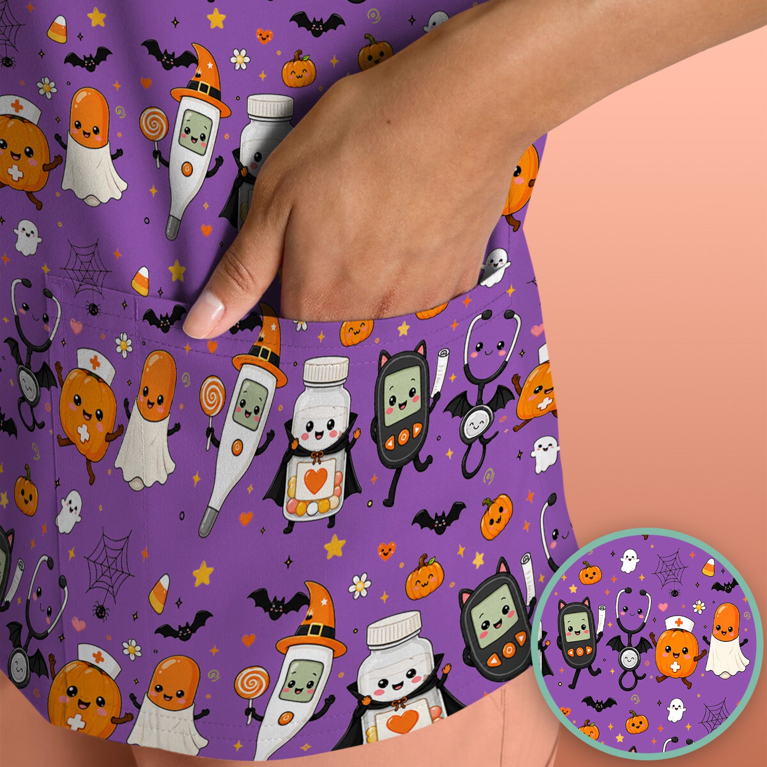 Cute Halloween Medical Characters Print Scrub Top, Comfortable Scrubs for Nurses