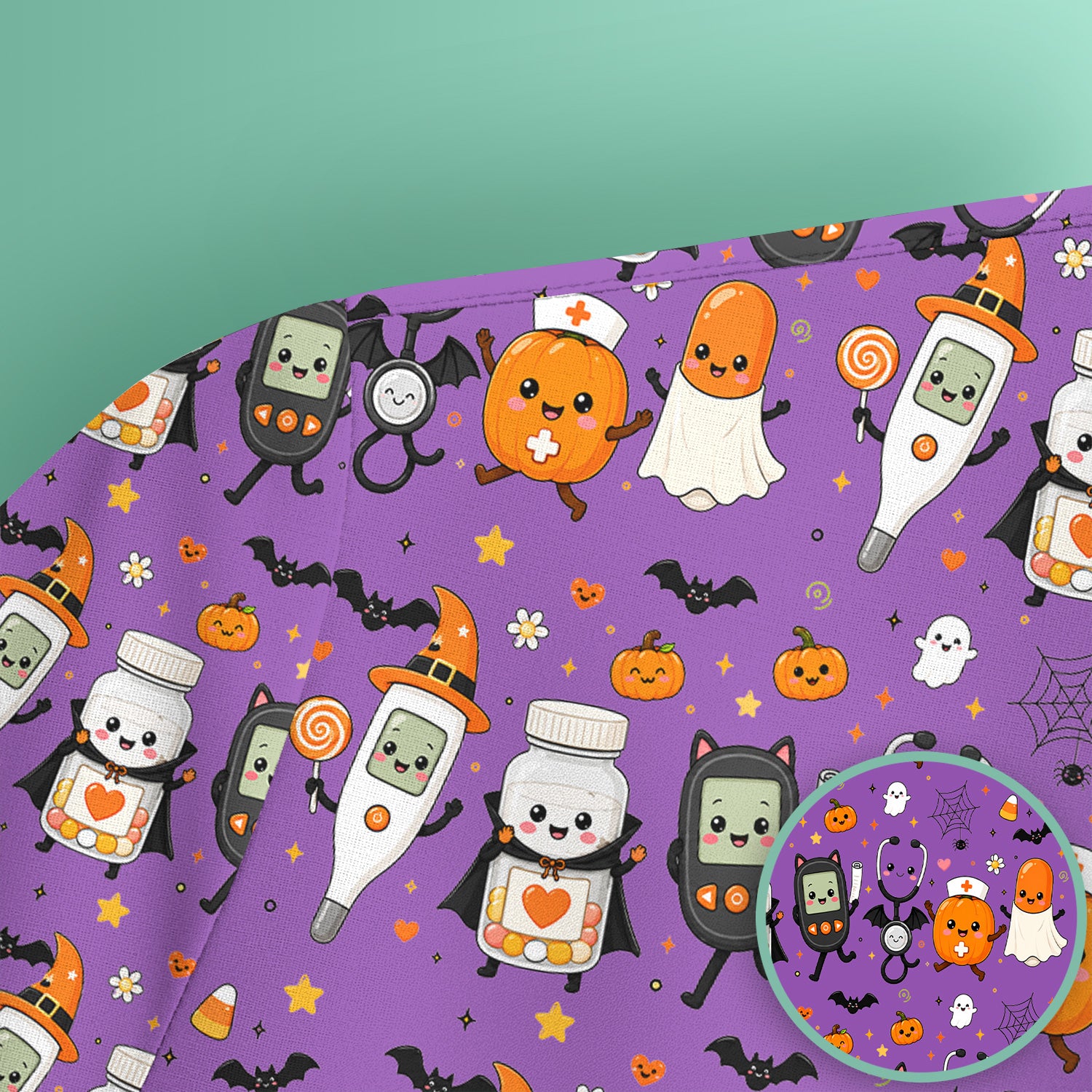 Cute Halloween Medical Characters Print Scrub Top, Comfortable Scrubs for Nurses
