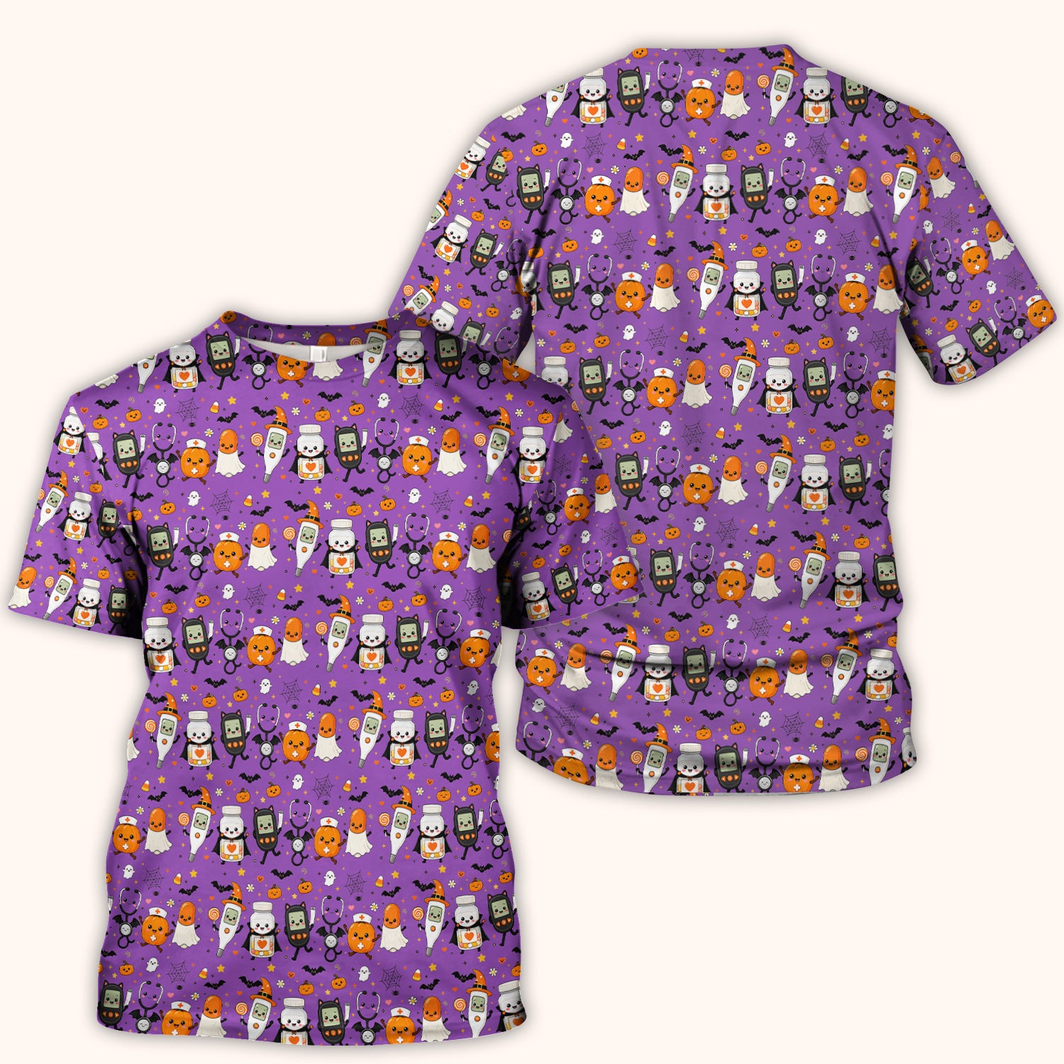 Cute Halloween Medical Characters Print Scrub Top, Comfortable Scrubs for Nurses