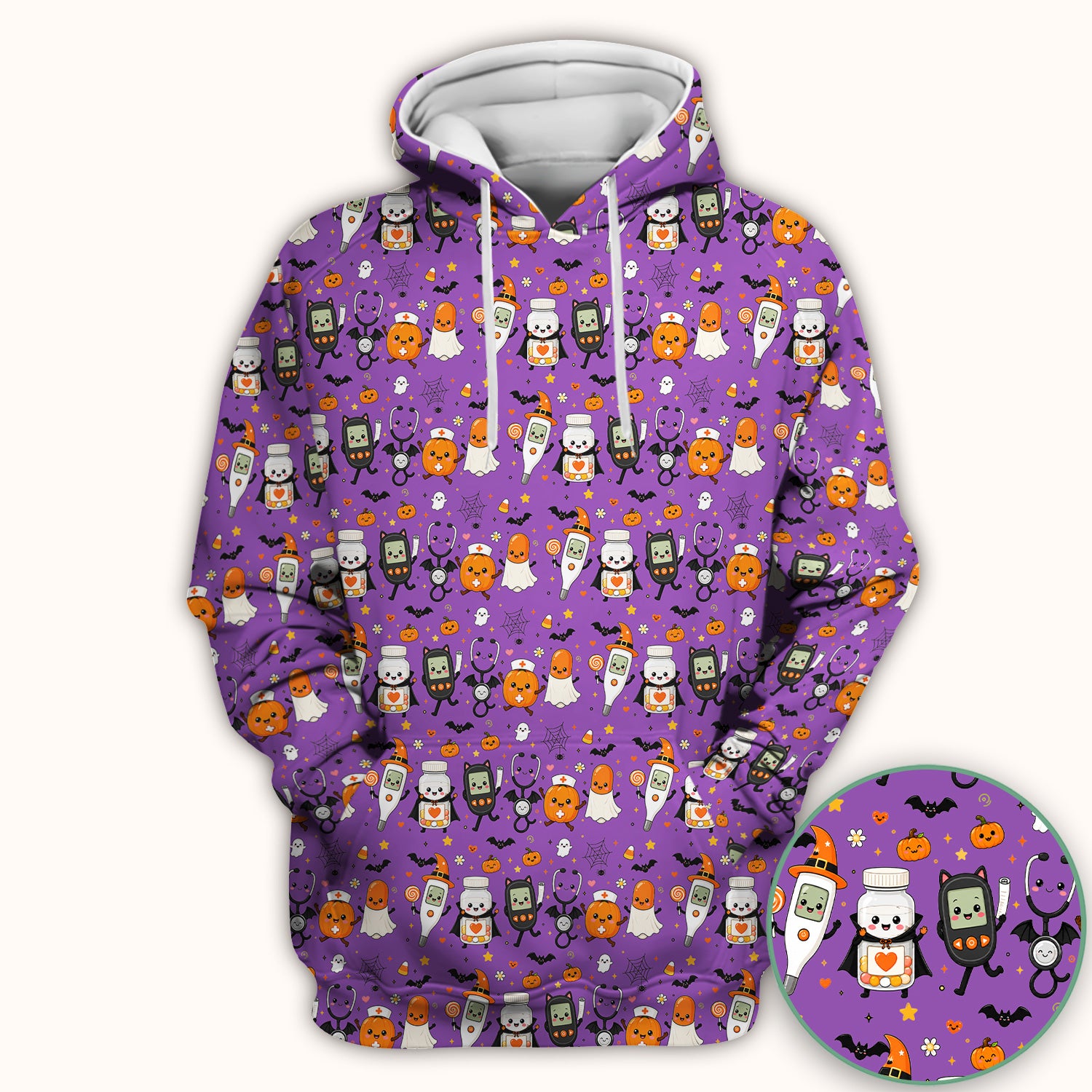 Cute Halloween Medical Characters Print Scrub Top, Comfortable Scrubs for Nurses