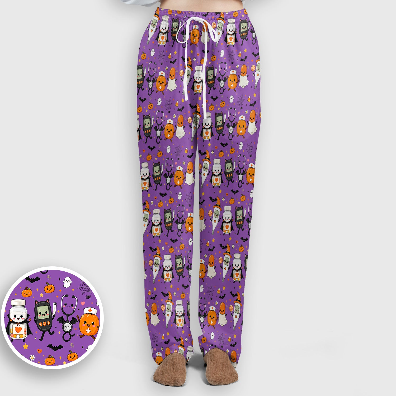 Cute Halloween Medical Characters Print Scrub Set, Scrub Pants and V Neck Top