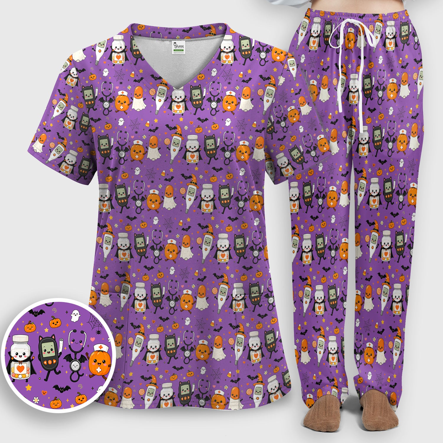 Cute Halloween Medical Characters Print Scrub Set, Scrub Pants and V Neck Top
