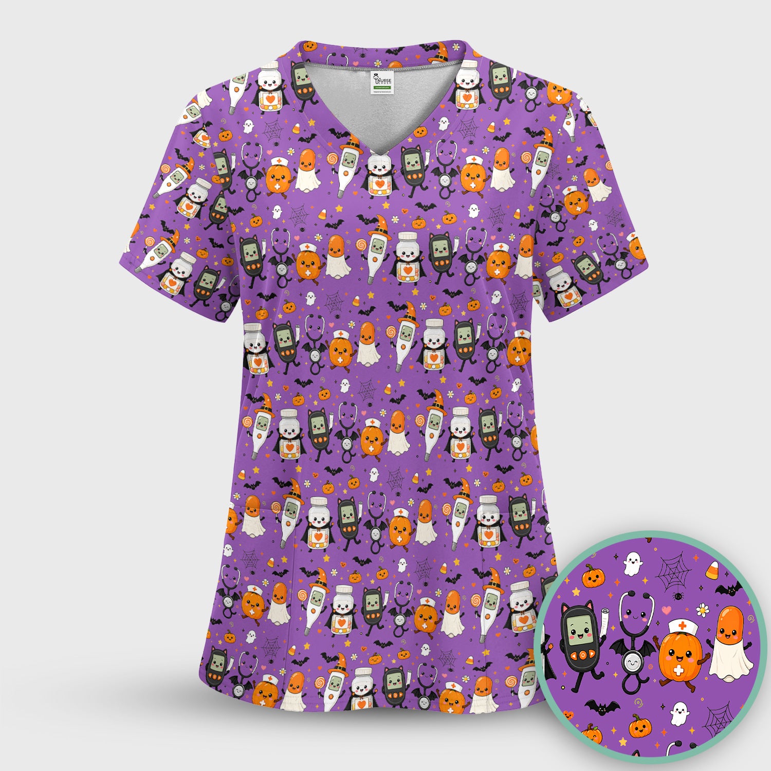Cute Halloween Medical Characters Print Scrub Top, Comfortable Scrubs for Nurses