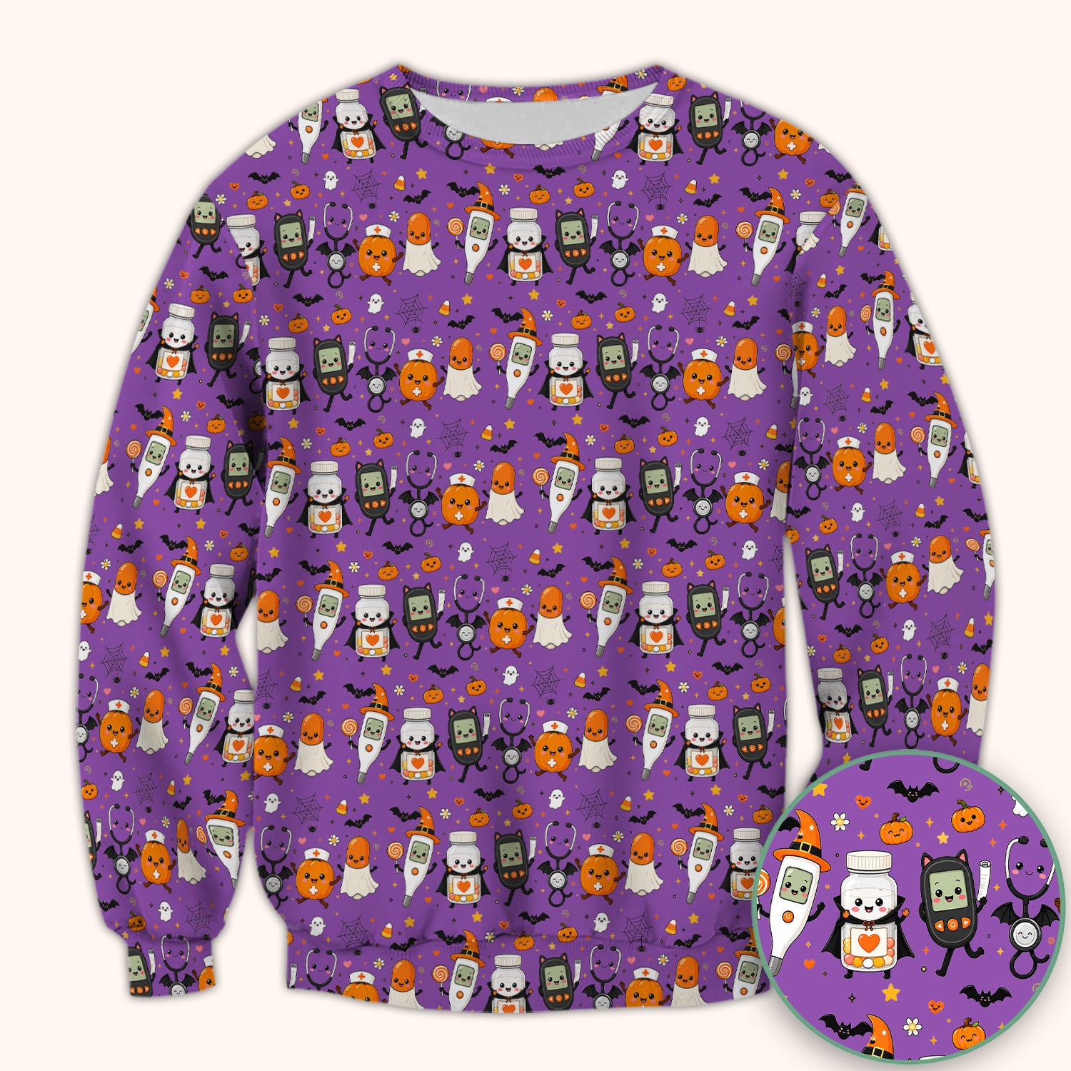 Cute Halloween Medical Characters Print Scrub Top, Comfortable Scrubs for Nurses
