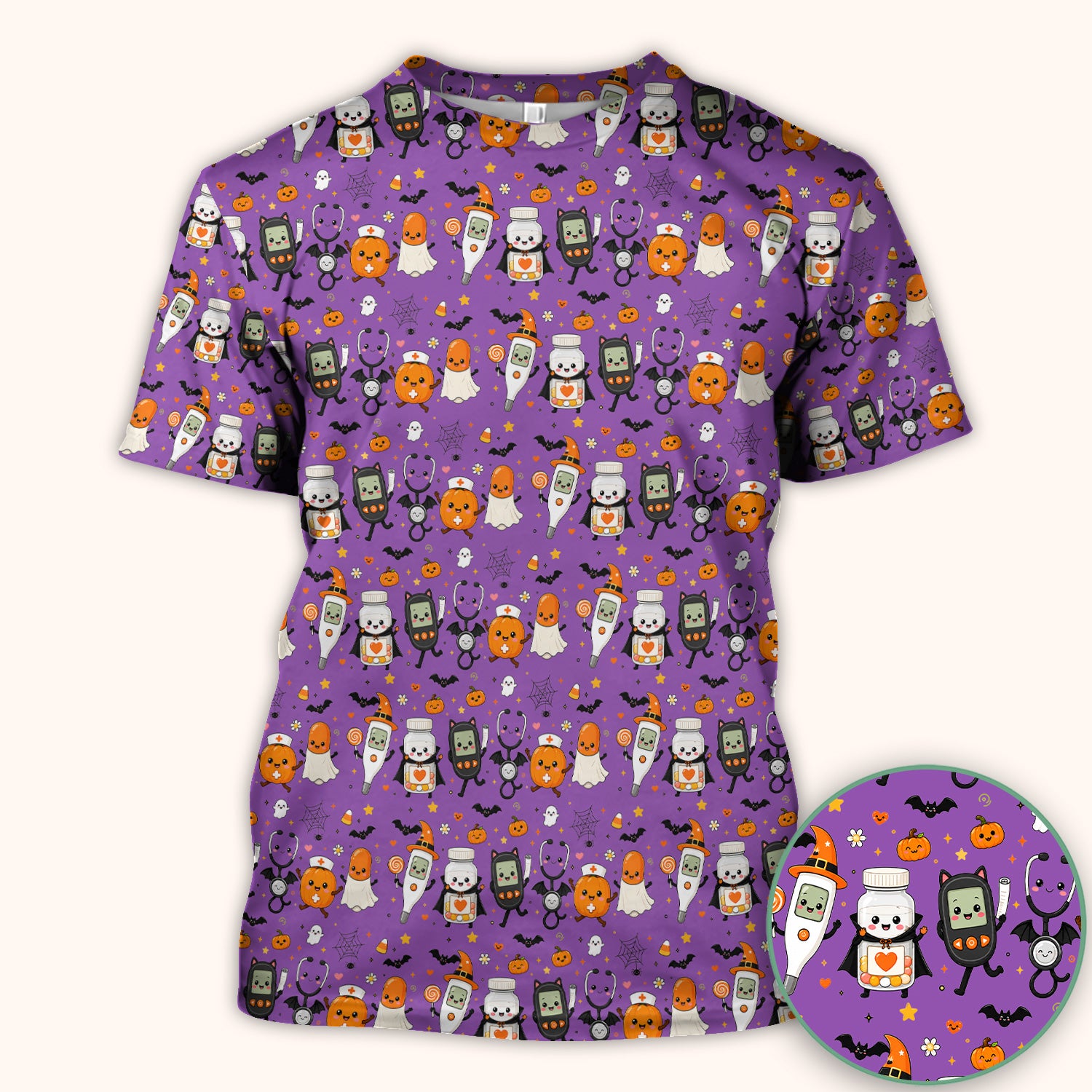 Cute Halloween Medical Characters Print Scrub Top, Comfortable Scrubs for Nurses