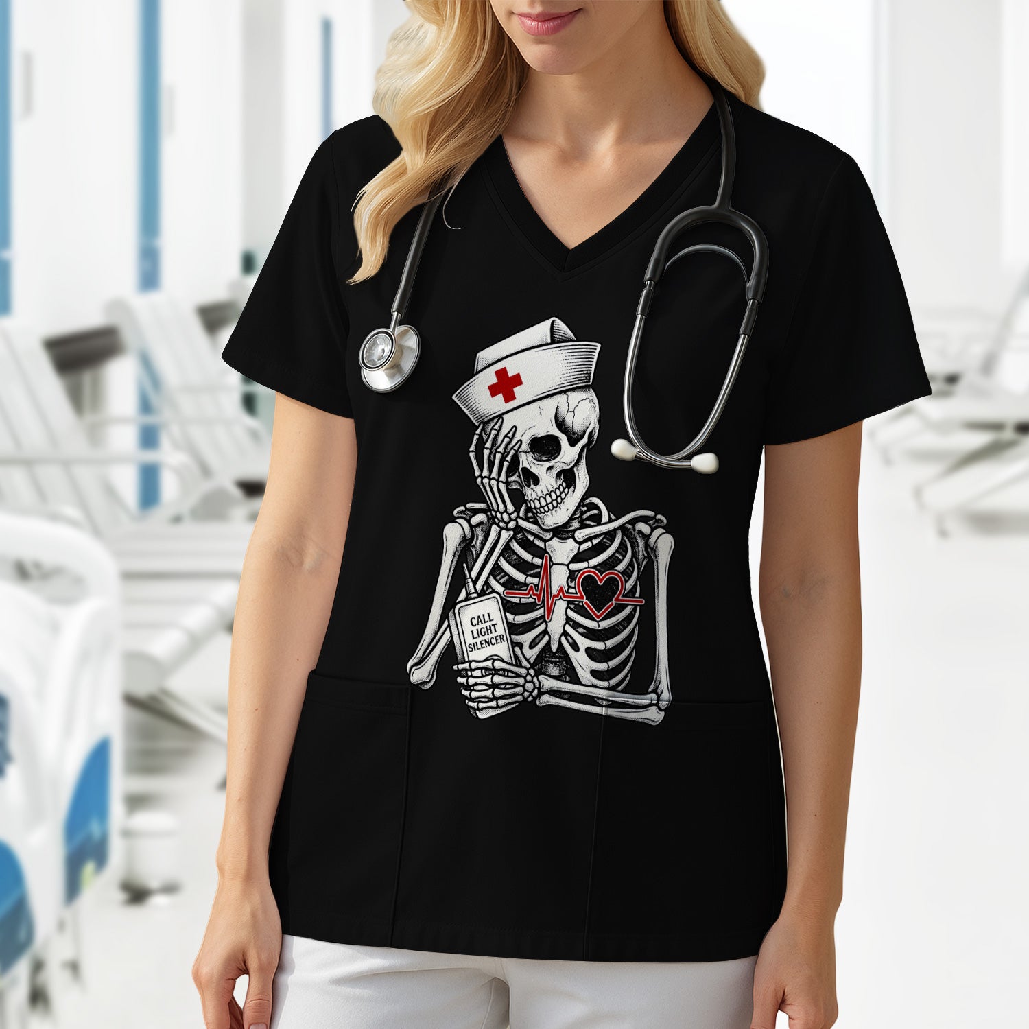 Funny Call Light Silencer Skeleton T-Shirt, Bedside Nurse Tee for Nurses and CNAs