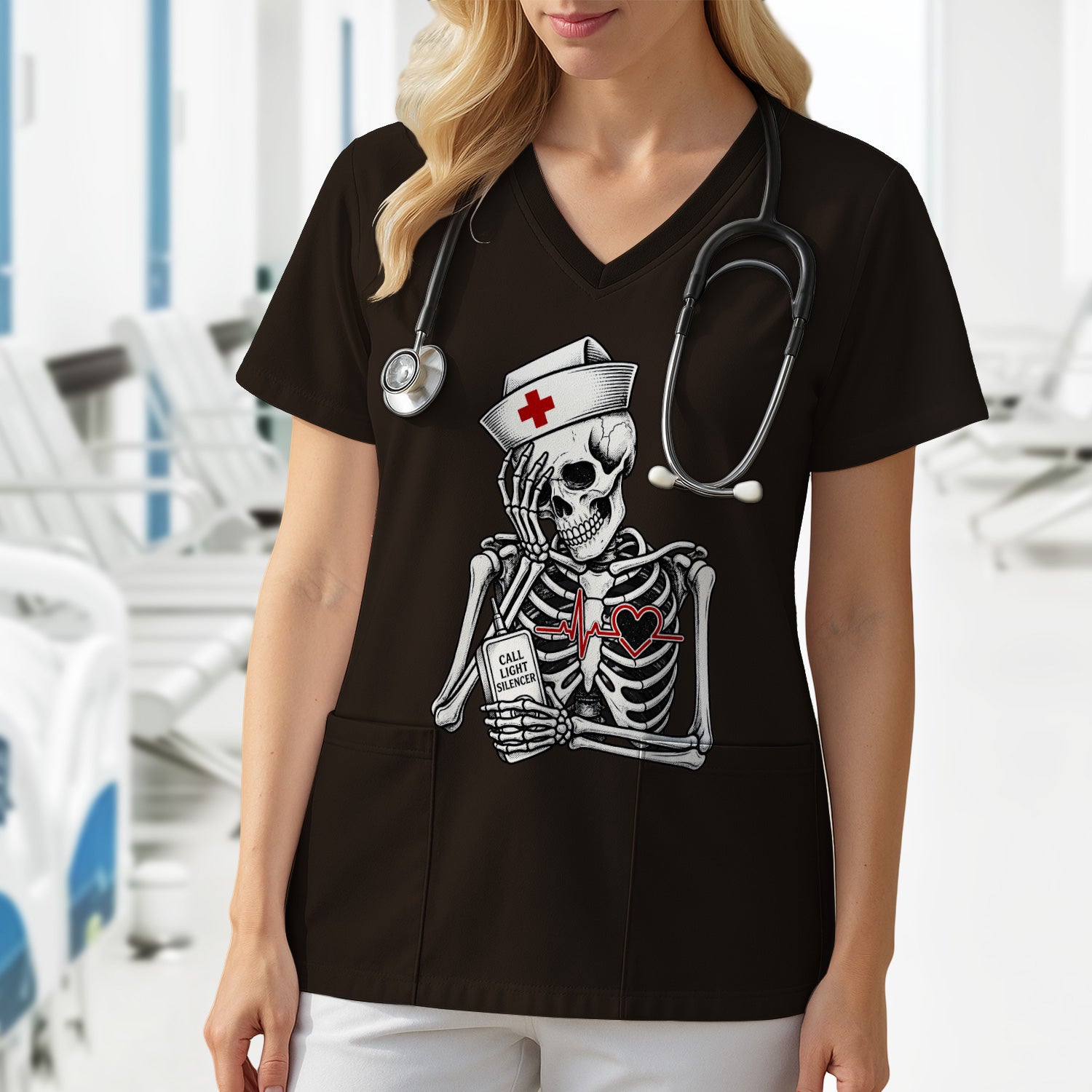 Funny Call Light Silencer Skeleton T-Shirt, Bedside Nurse Tee for Nurses and CNAs