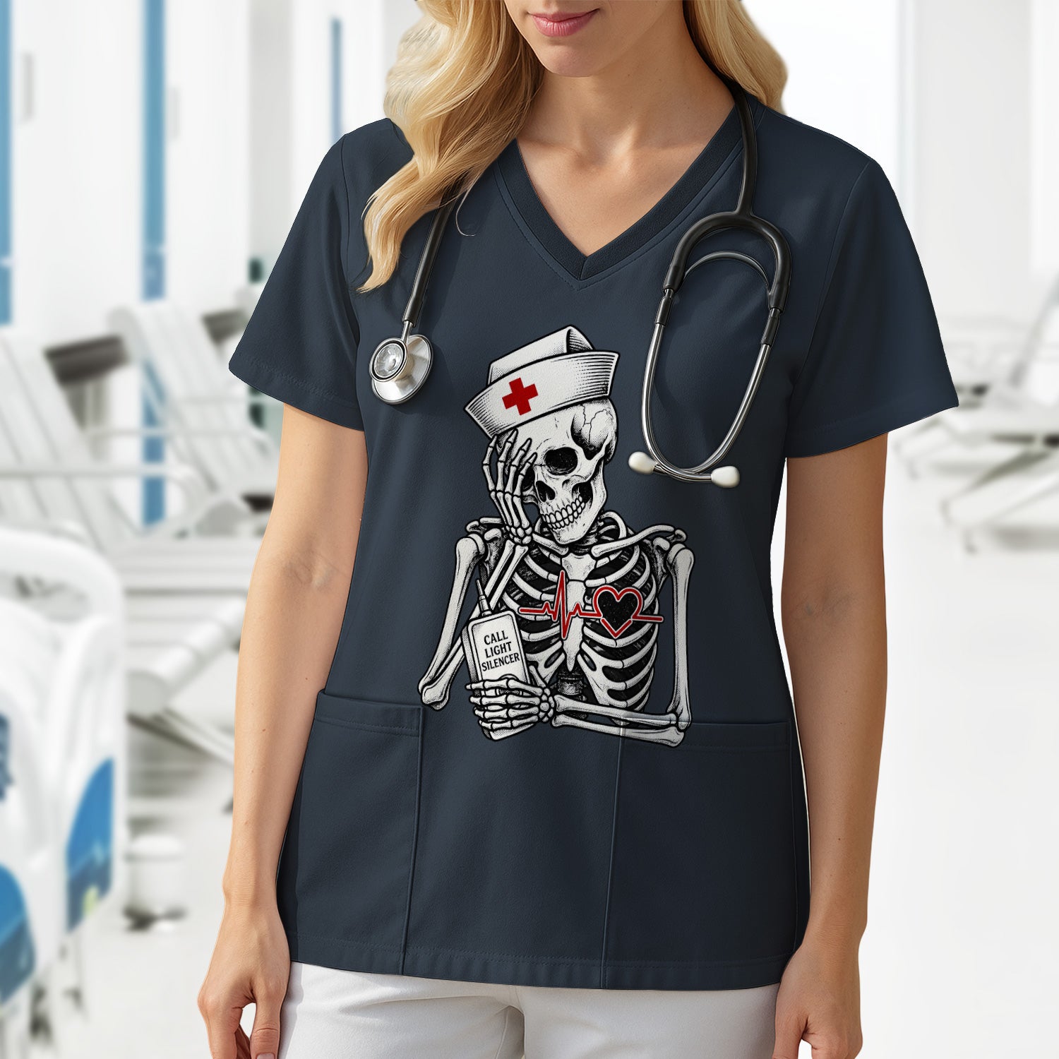 Funny Call Light Silencer Skeleton T-Shirt, Bedside Nurse Tee for Nurses and CNAs