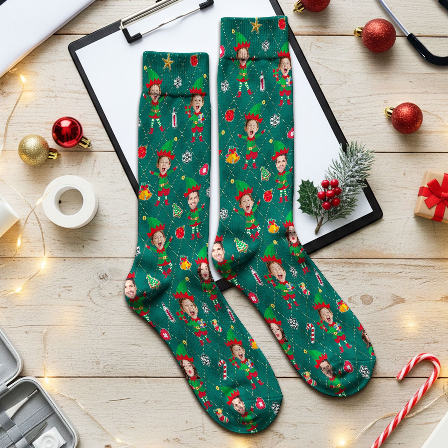 Personalized Face Nurse Sock, Custom Photo Christmas Scrub Socks, Funny Holiday Medical Uniform For Nursing