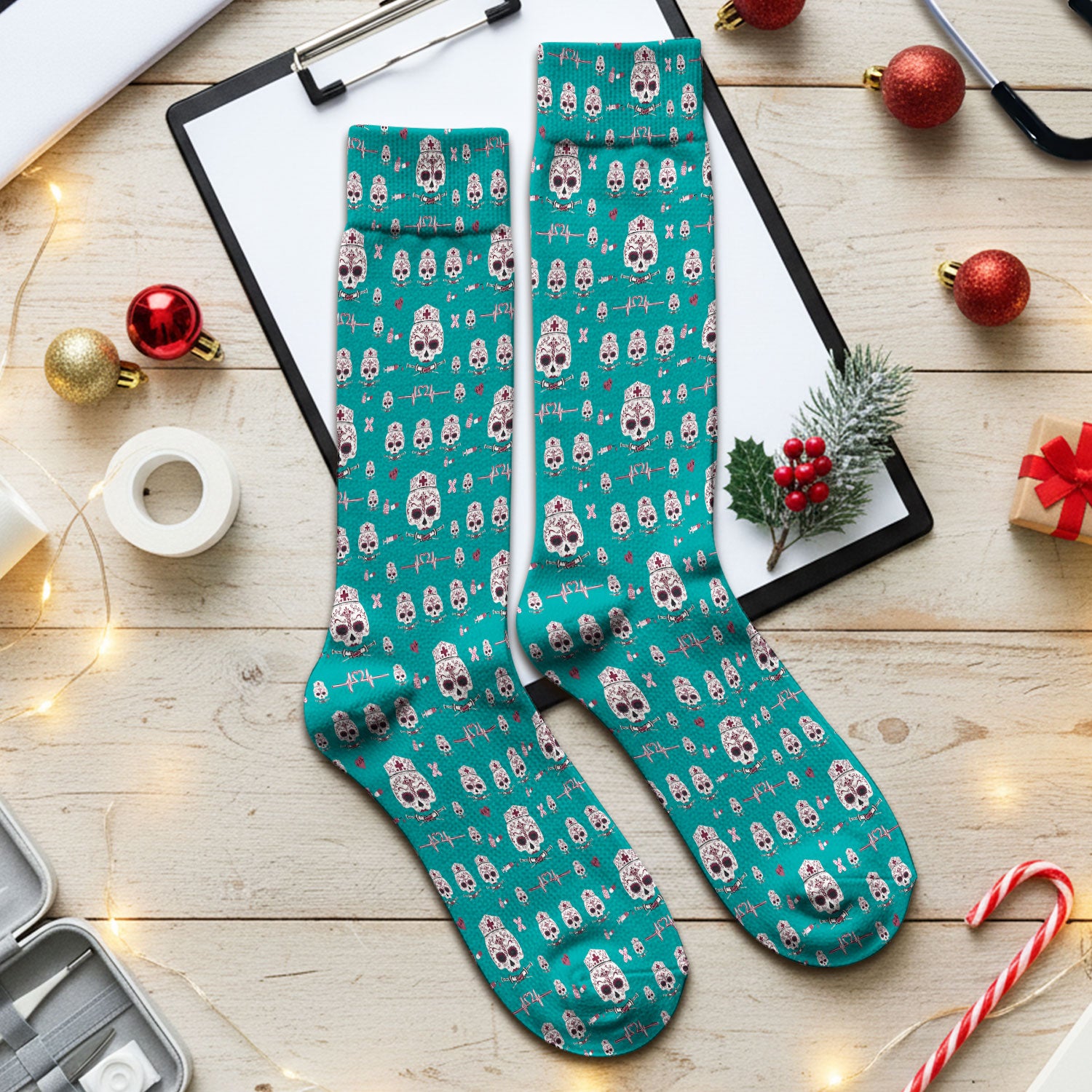 Sugar Skull Scrub Socks, Skull Pattern Scrub Sock, Breathable Fabrics Nursing Uniform