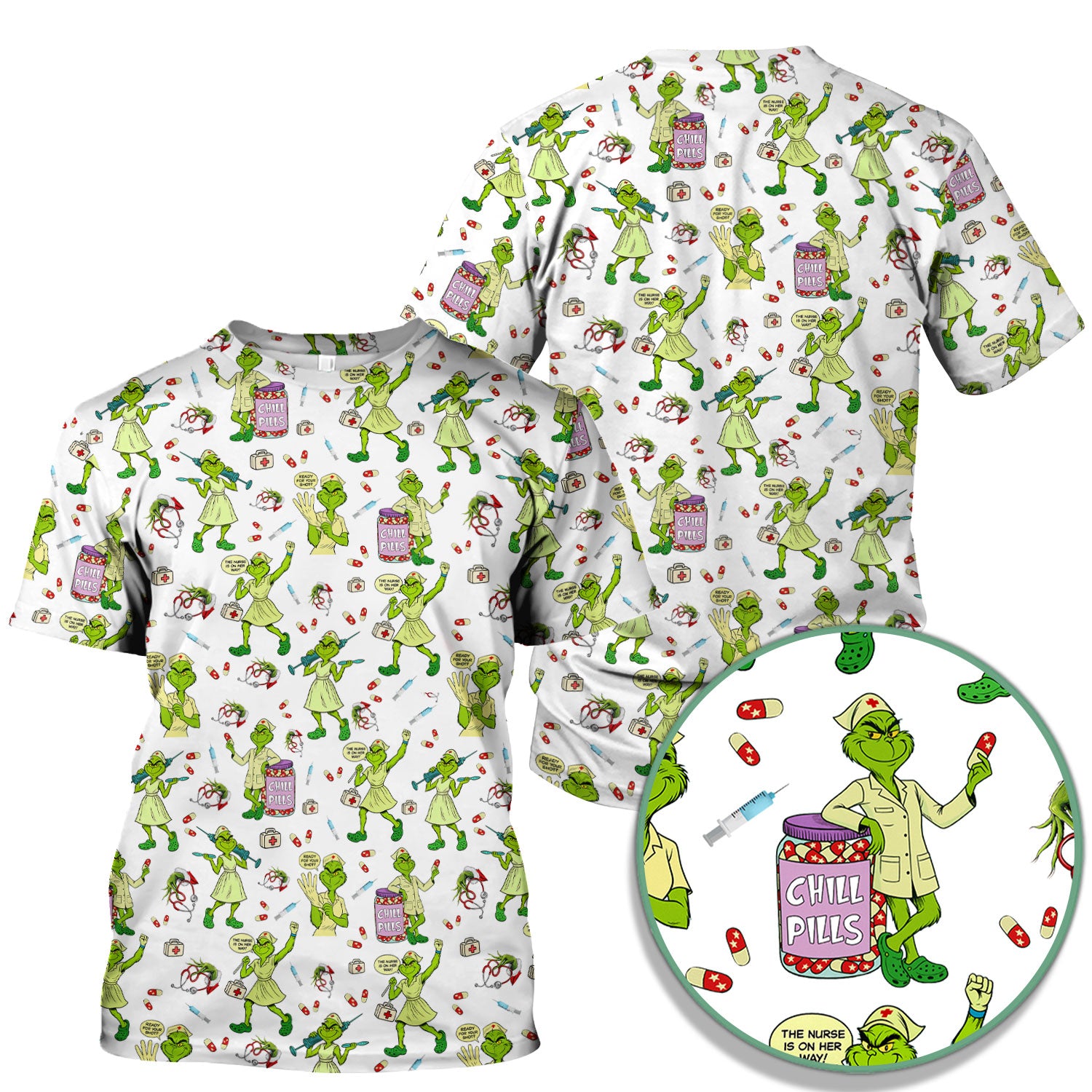 Grinch Nurse Scrub Shirt Multi Colors - Funny Chill Pills Scrub Top - Christmas Nursing Work Shirt with Pockets for Women