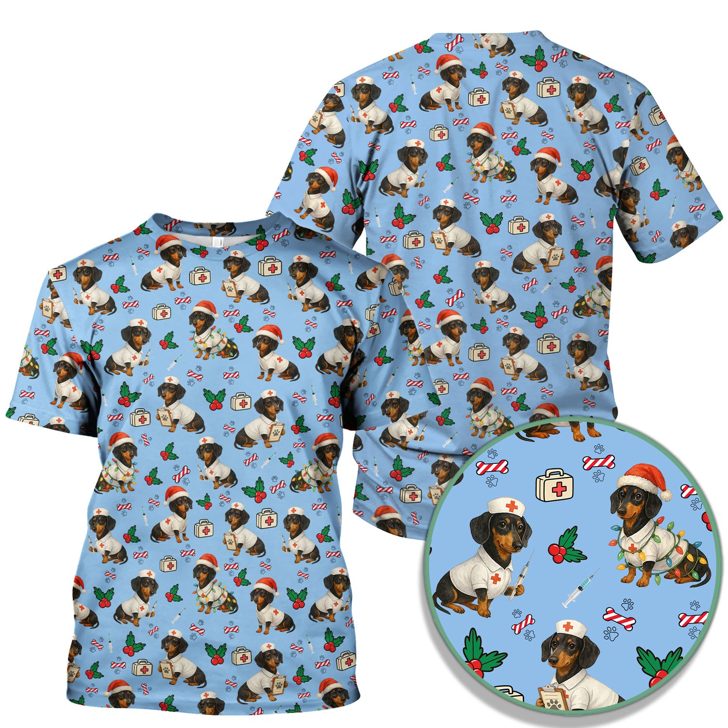 Dachshund Nurse Christmas Scrub Shirt - Cute Sausage Dog Scrub Top Multi Colors - Funny Holiday Nursing Workwear with Pockets