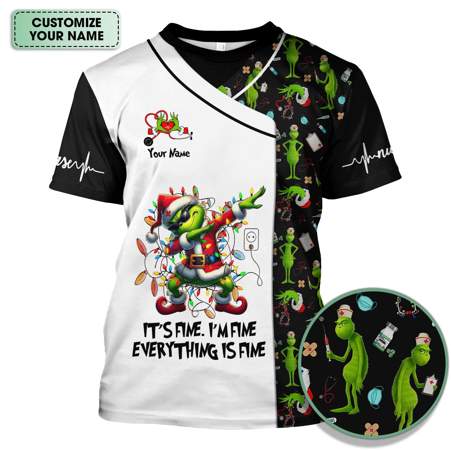 Funny Grinch Christmas Nurse Scrub - Everything Is Fine Shirt - Holiday Medical Uniform for Women - Xmas Gift for RN LPN CNA