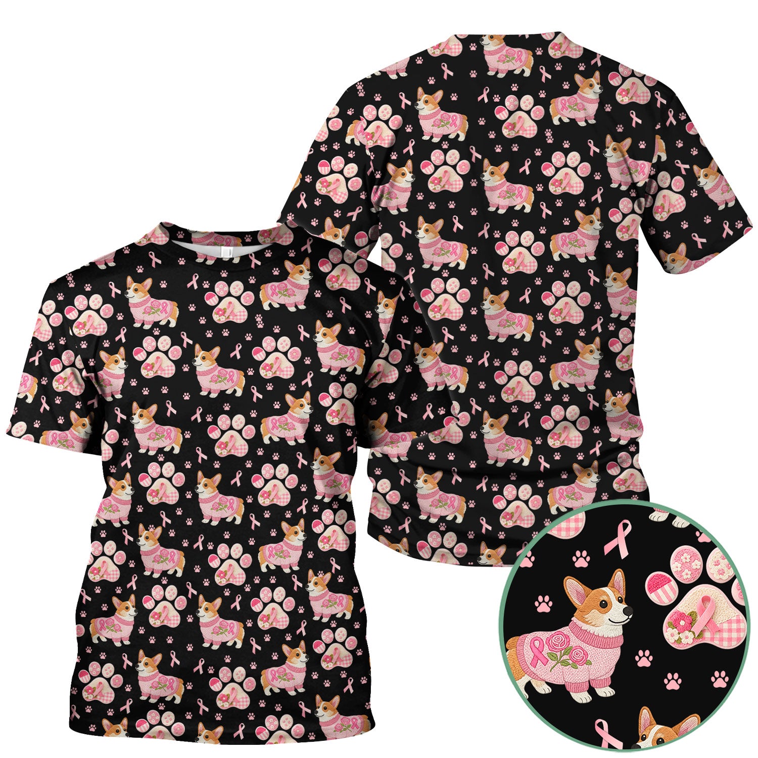 Corgi Pink Ribbon Scrub for Women - Breast Cancer Awareness Shirt - Floral Dog Paw Print Nursing Uniform - Support Gift