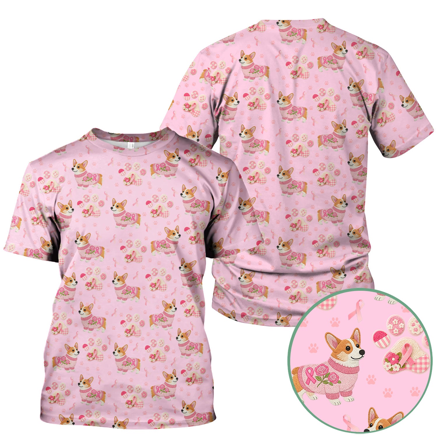 Corgi Pink Ribbon Scrub for Women - Breast Cancer Awareness Shirt - Floral Dog Paw Print Nursing Uniform - Support Gift