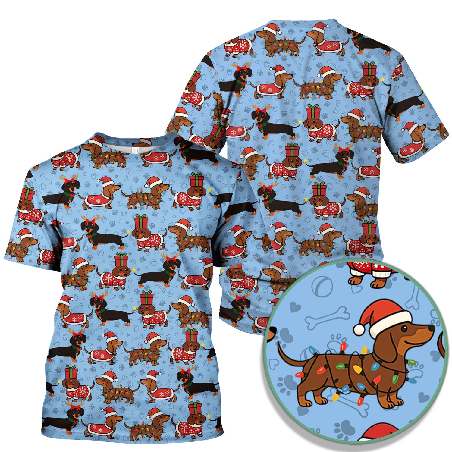 Christmas Dachshund T-Shirt Multi Color - Cute Sausage Dog Wearing Santa Outfit - Funny Holiday Wiener Dog Tee Gift for Dog Lovers