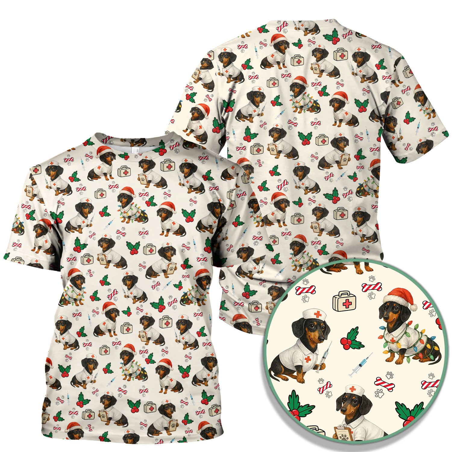 Christmas Dachshund Nurse Scrub Top - Funny Dachshund Dog Scrub Shirt Multi Color - Cute Holiday Nursing Work Shirt for Women