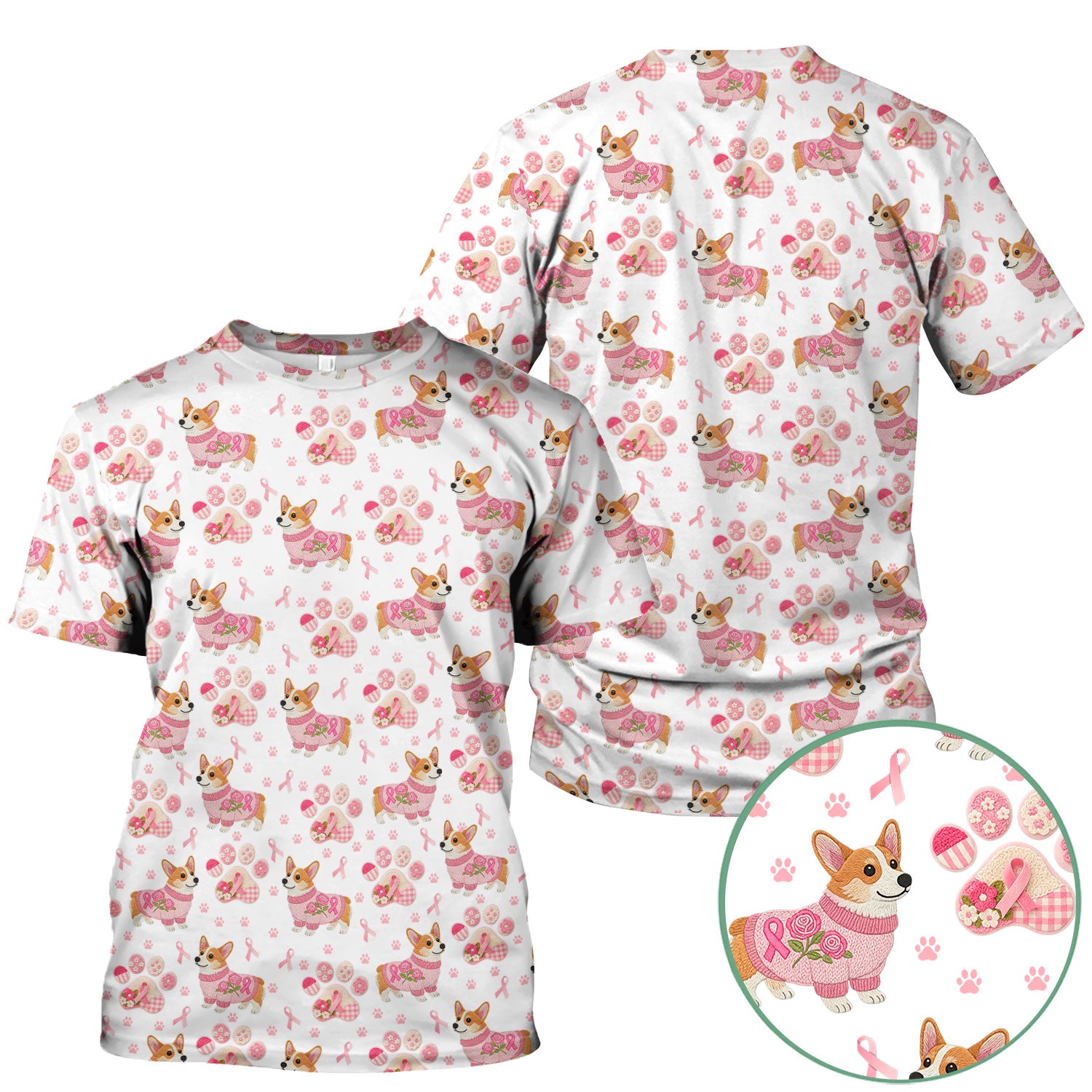 Corgi Pink Ribbon Scrub for Women - Breast Cancer Awareness Shirt - Floral Dog Paw Print Nursing Uniform - Support Gift