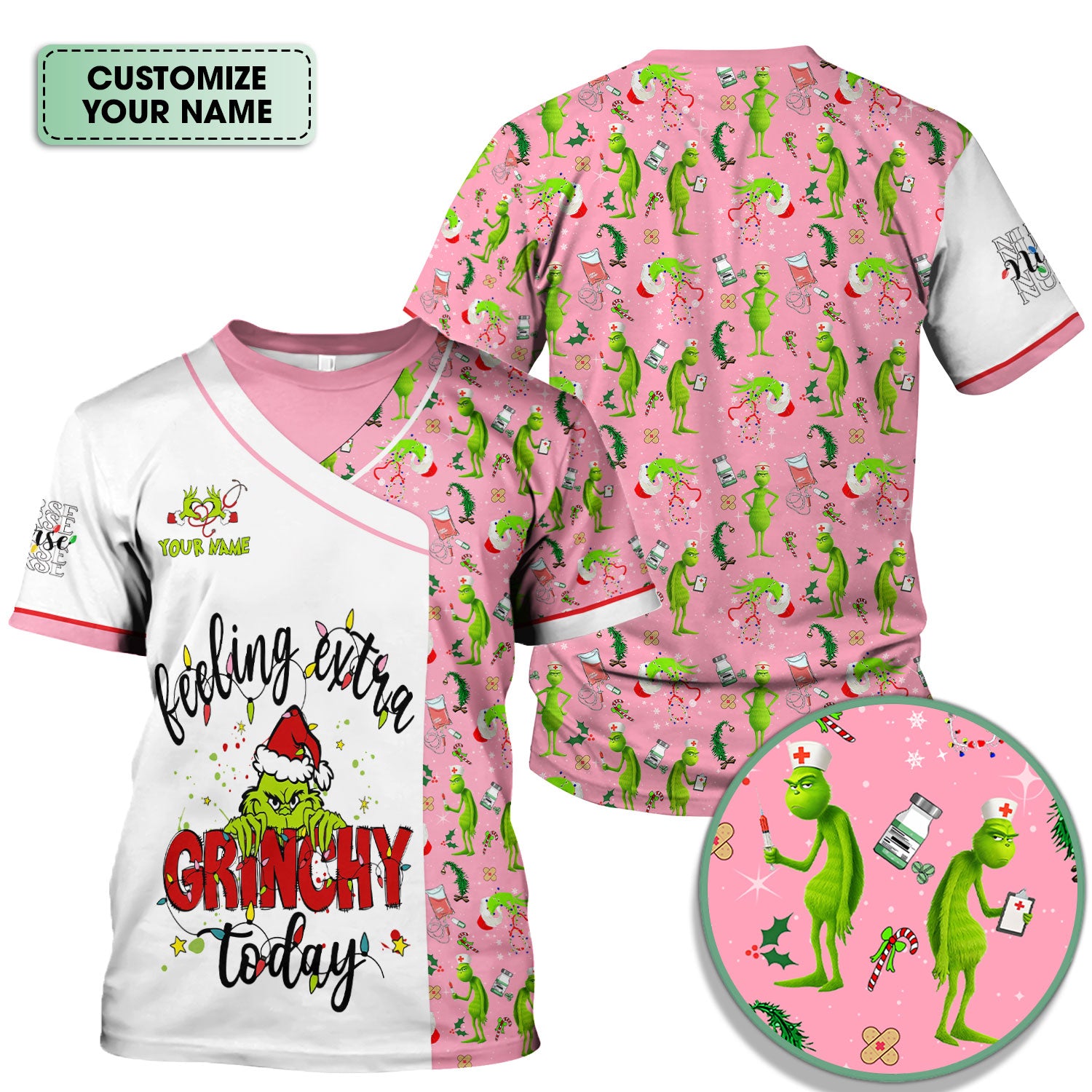 Personalized Grinch Nurse Scrub Top - Funny Christmas Scrub Shirt Multi Color - Feeling Extra Grinchy Today Holiday Nursing Gift