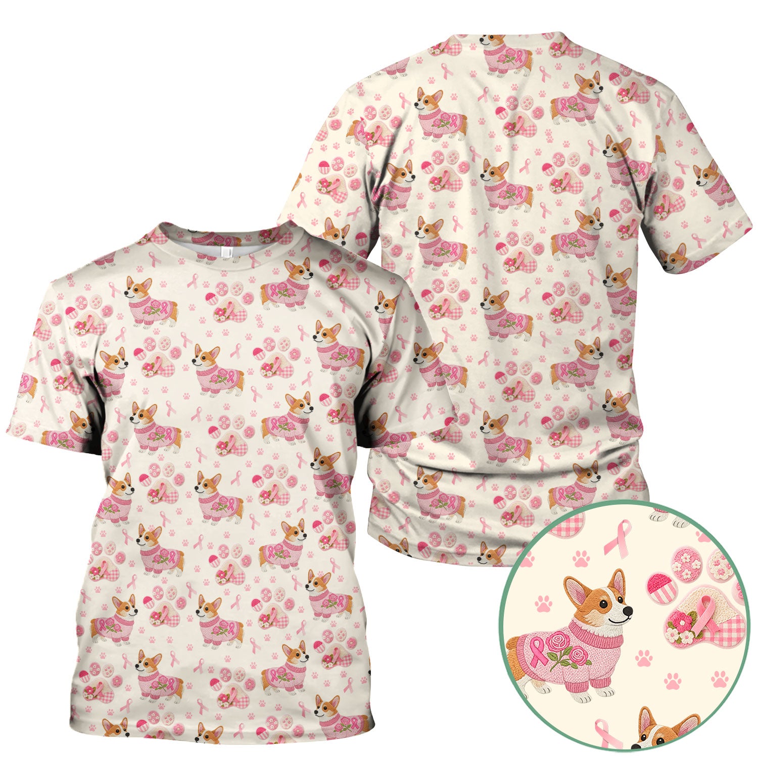 Floral Corgi Scrub Top for Women - Cute Dog Paw Print with Pink Ribbon Shirt - Breast Cancer Awareness October Gift