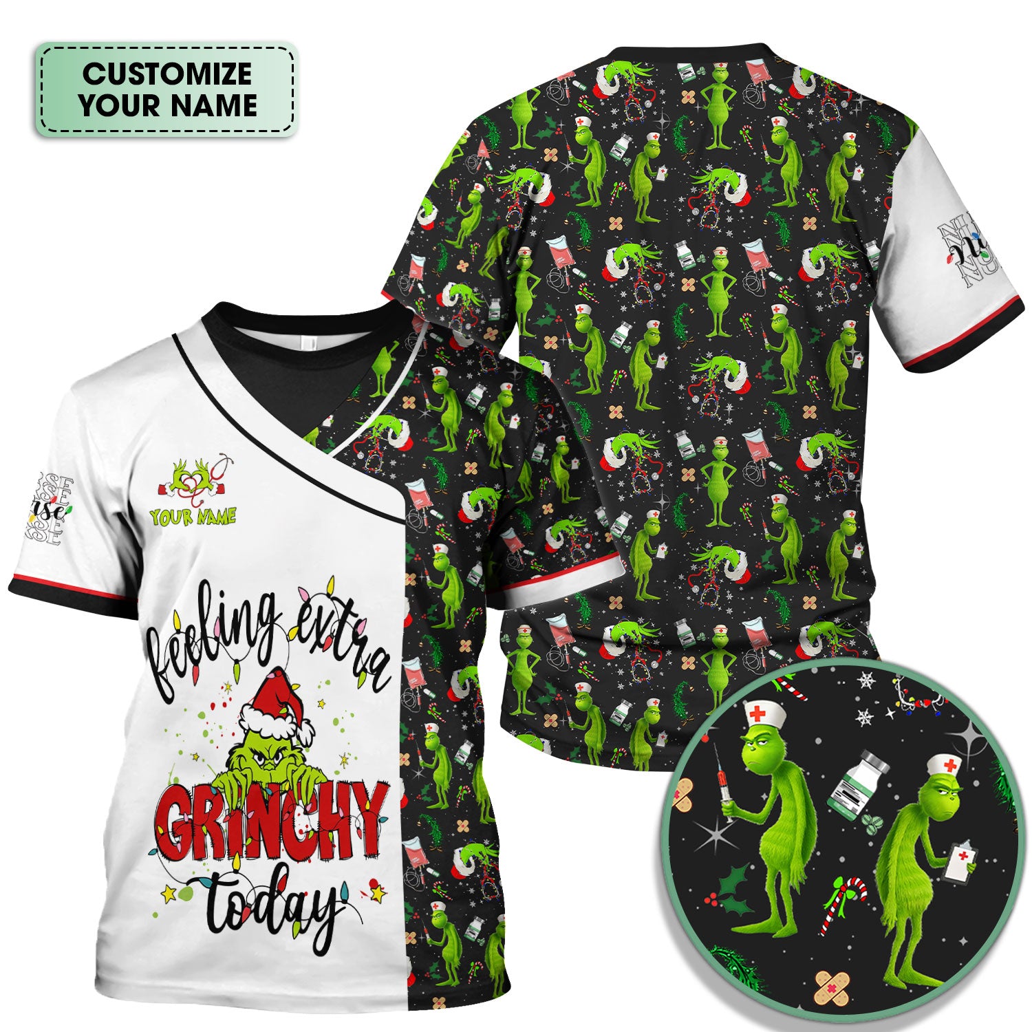 Custom Grinch Nurse Scrub Top Multi Color - Feeling Extra Grinchy Today Christmas Scrub Shirt - Funny Holiday Nursing Workwear