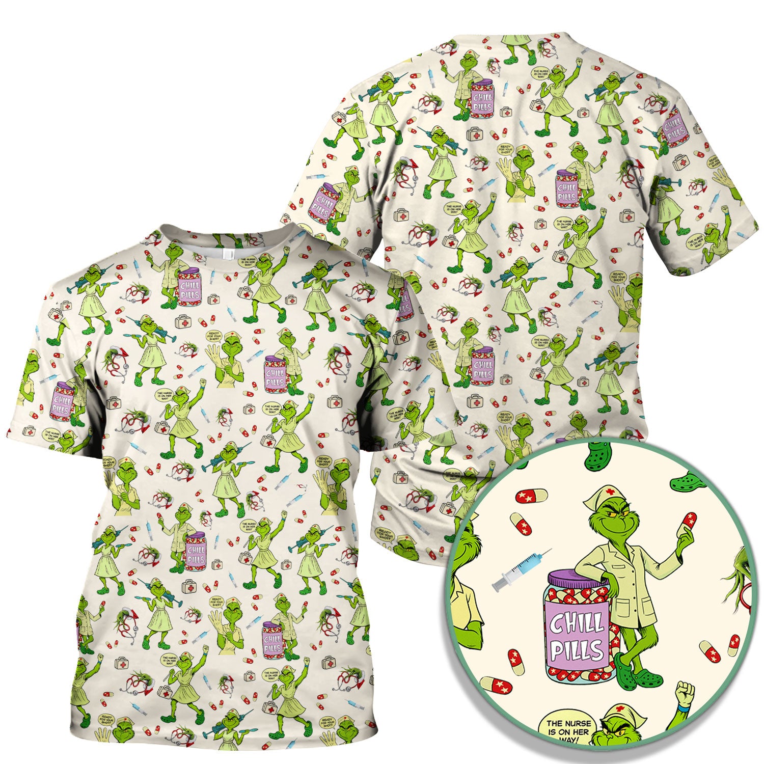 Funny Grinch Nurse Scrub Top Multi Color - Chill Pills Nursing Scrub Shirt - Cute Christmas Holiday Workwear with Pockets