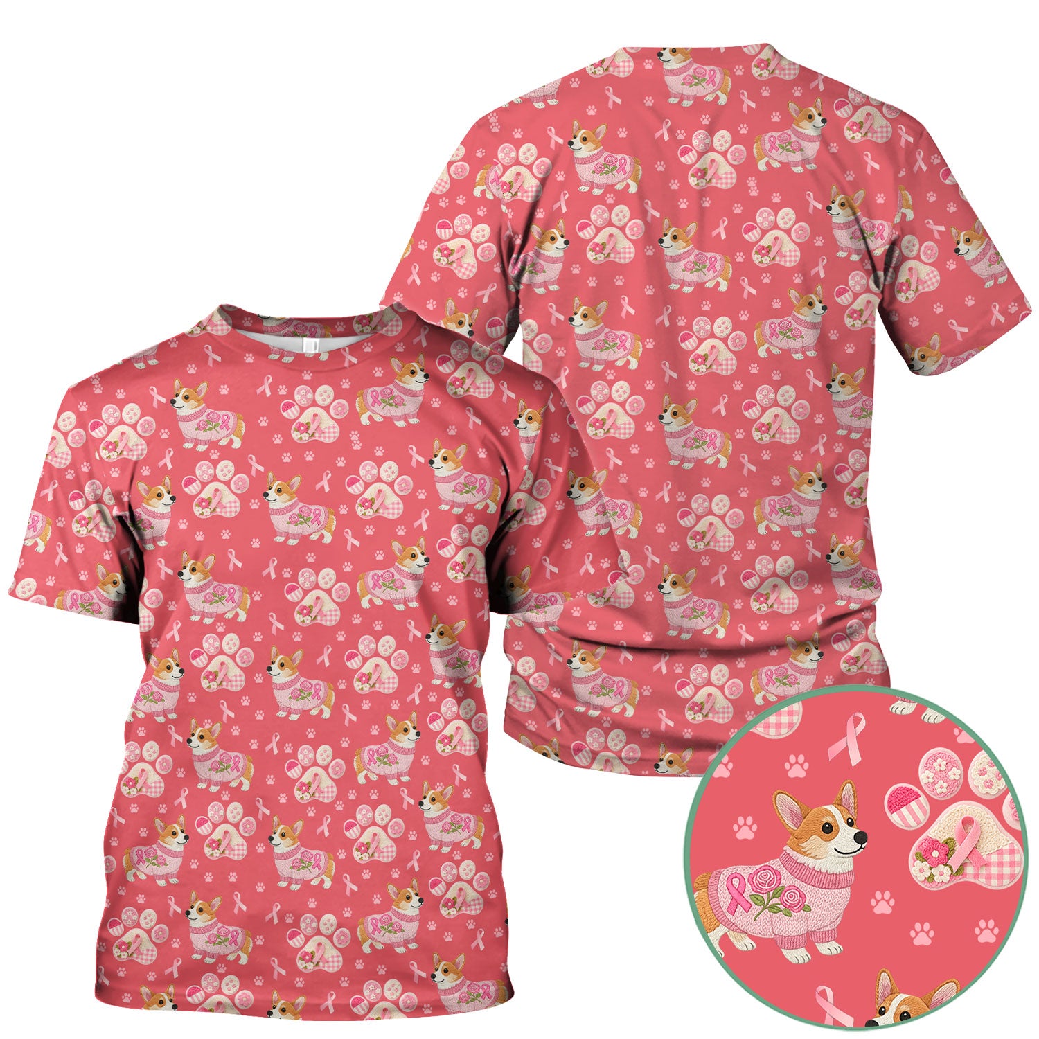 Floral Corgi Scrub Top for Women - Cute Dog Paw Print with Pink Ribbon Shirt - Breast Cancer Awareness October Gift